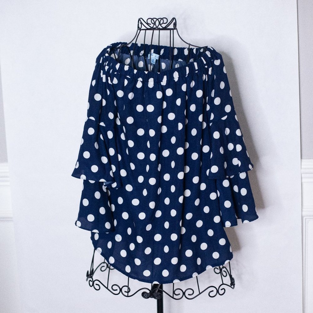 She + Sky Ruffle Sleeve Blouse, Size S, Navy Blue